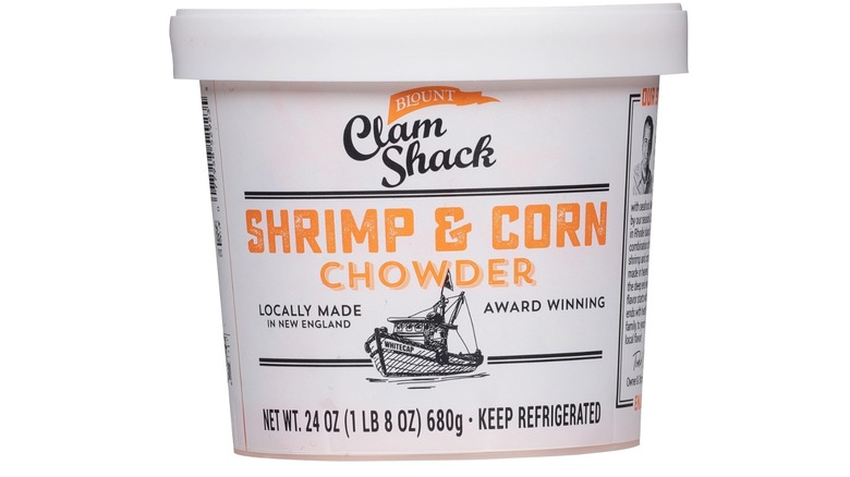 Package of Blount Clam Shack Shrimp & Roasted Corn Chowder.
