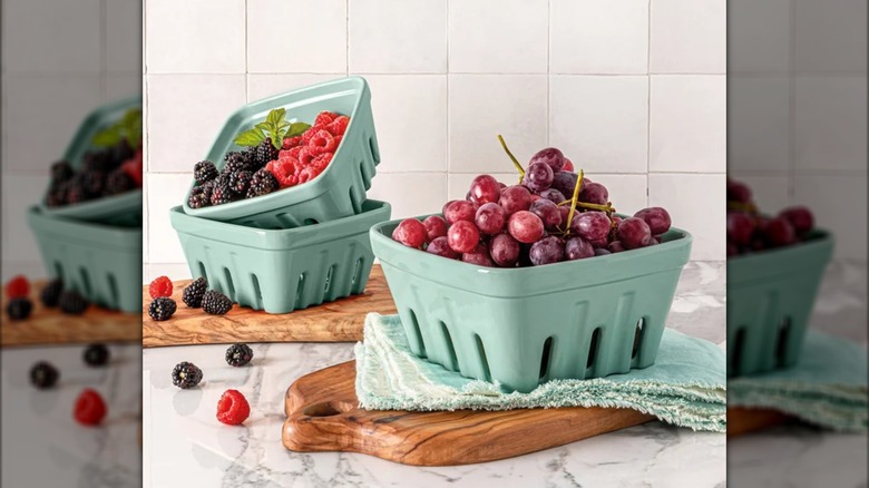 The over&back 3-Piece Multipurpose Berry Baskets with grapes and berries.