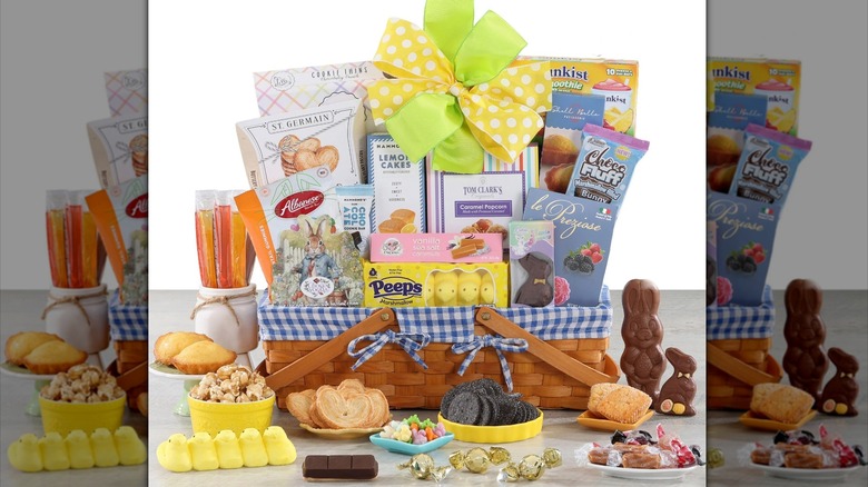 The Easter Sweets Gift Basket on display on a gray table.