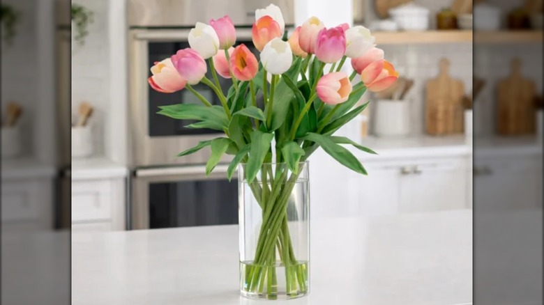 A Faux Tulip Arrangement on a kitchen counter.