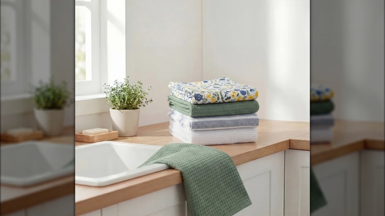 Colorful Terry Kitchen Towels folded on a counter and draped in a sink.