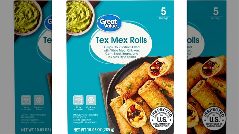 A box of Great Value Tex Mex Rolls.