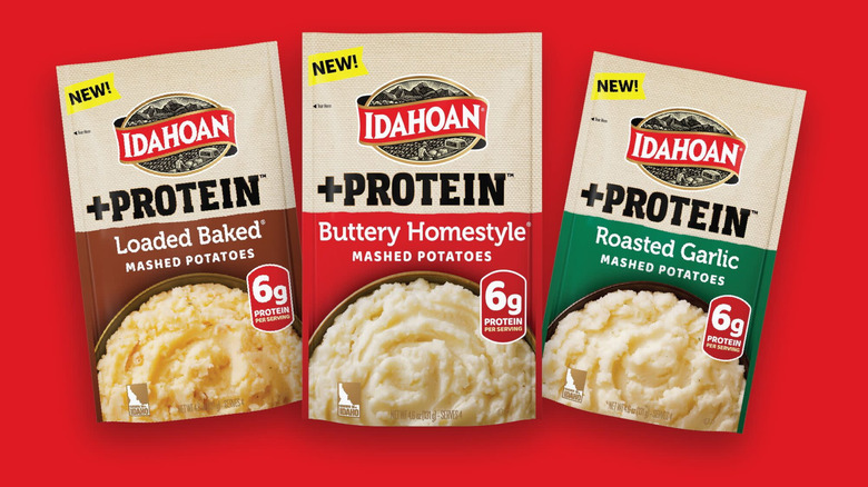 Idahoan +Protein Mashed Potato packages.