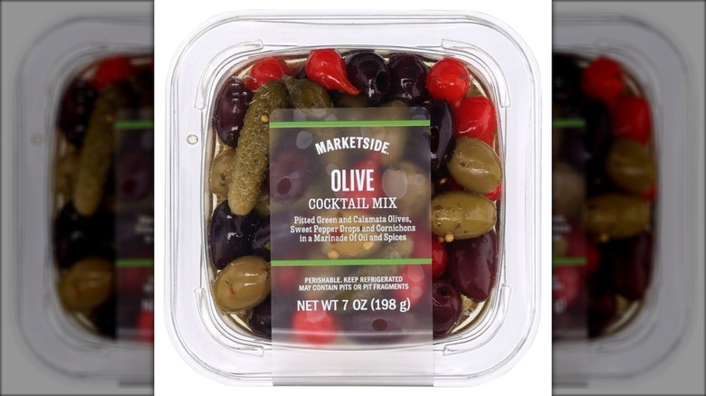 Plastic tub of Marketside Olive Cocktail Mix.