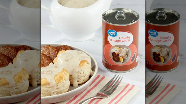 A can of Great Value Country Sausage Gravy sits near a gravy boat and a plate with biscuits, gravy, and sausage