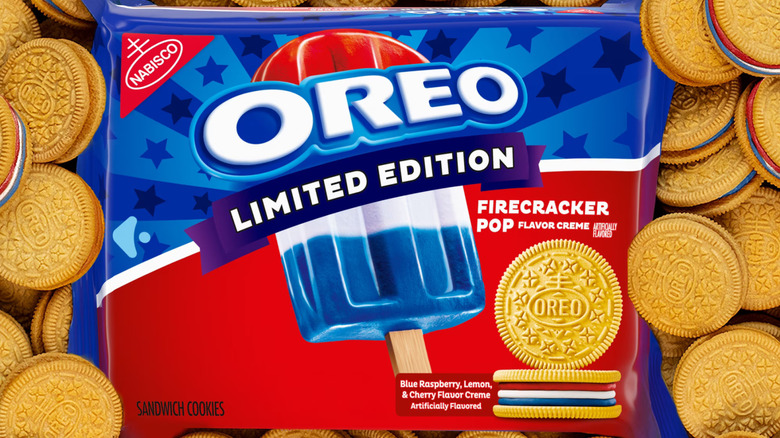 A package of Oreo Firecracker Pop cookies surrounded by cookies.
