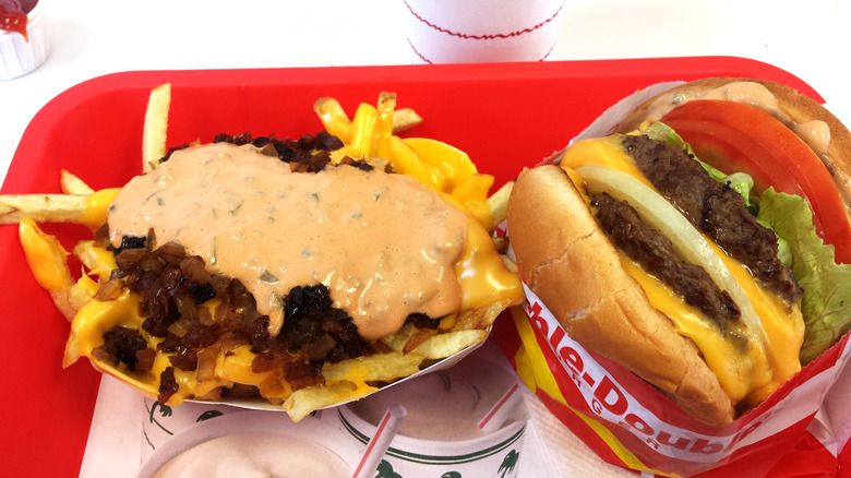 In-N-Out animal style fries and a burger on a tray