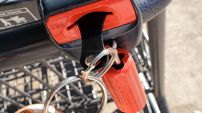 A trolley token hangs out of an Aldi shopping cart