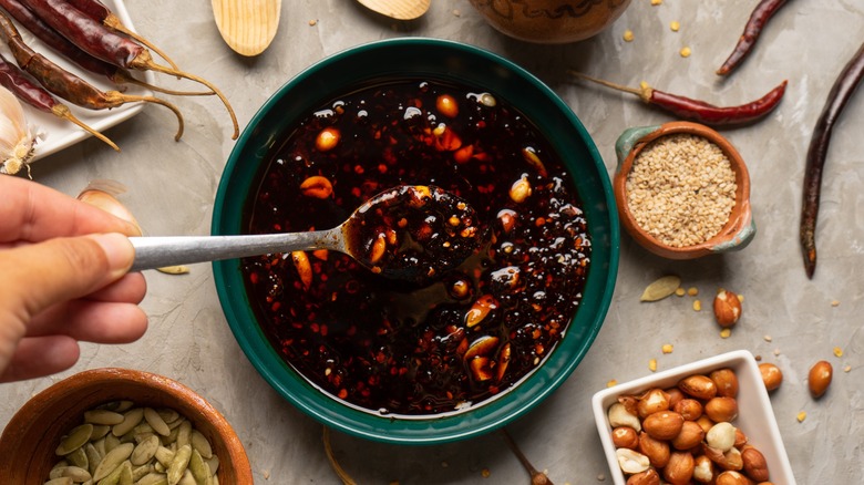 Chili oil salsa macha with peanuts, pepitas and sesame seeds