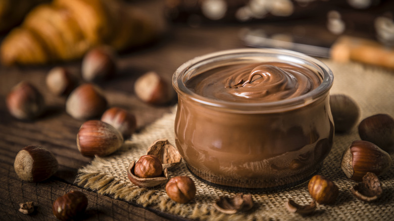 A Nutella-like spread surrounded by hazelnuts.