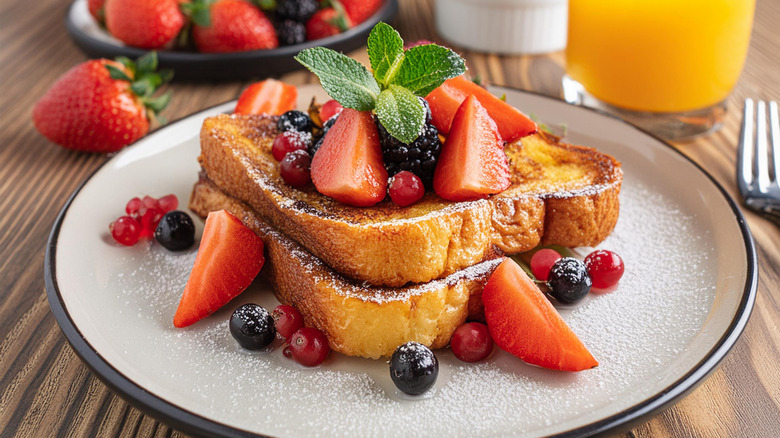 A plate of French toast is served with berries and a glass of orange juice on the side.