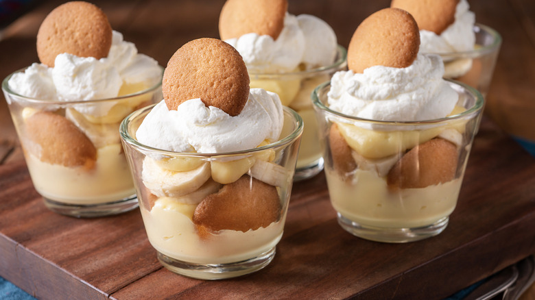cups of banana pudding with vanilla wafers