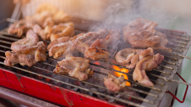 Chitterlings cooking on a grill