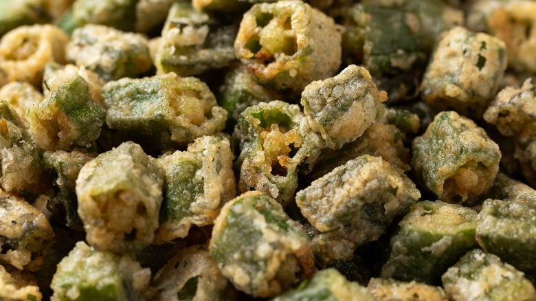 Closeup of sliced fried okra pods
