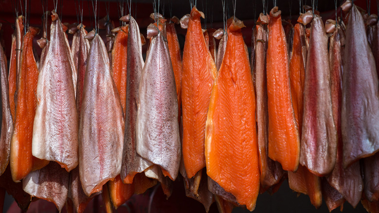 Salmon hanging to be smoked