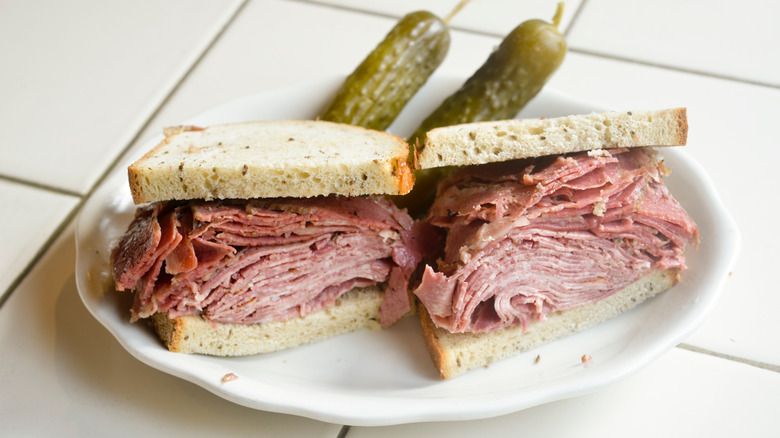 Beef tongue on rye sandwich