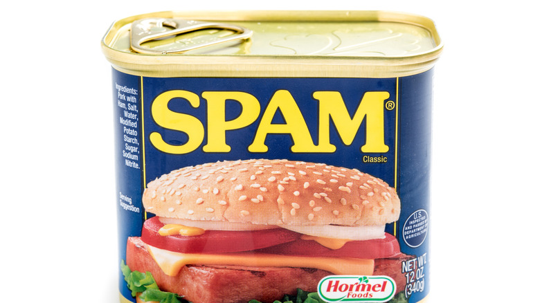 Unopened can of Spam before a white background