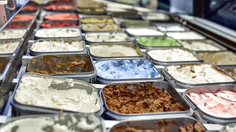 Freezer case loaded with various flavors of ice creams