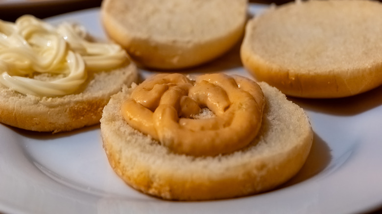 Open faced peanut butter and mayonnaise sandwich