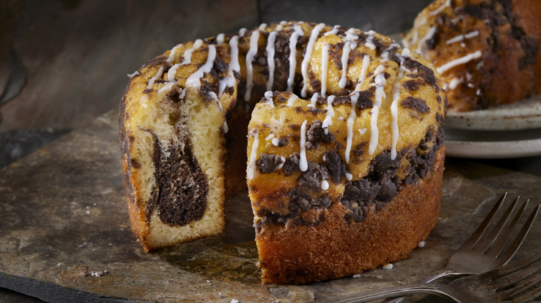 Coffee cake drizzled with icing