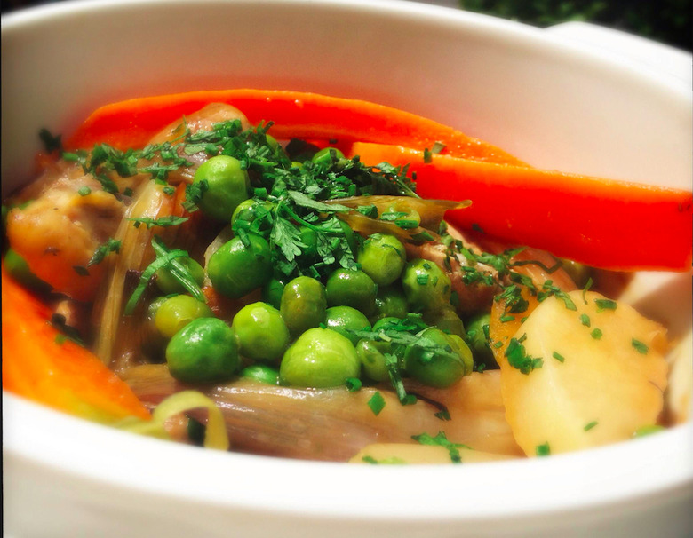 Slow-roasted guinea fowl makes a rich broth for freshly blanched vegetables.