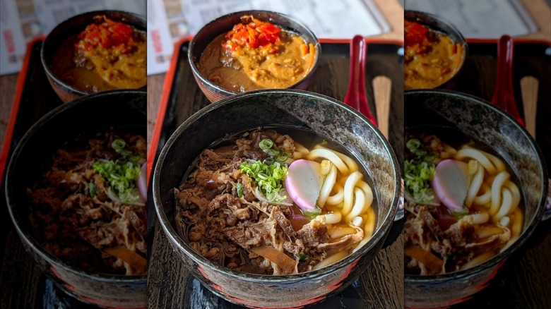 A bowl of udon and a small bowl of curry on a counter inside Don Udon