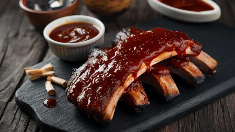 Barbecue ribs pictured with ramekin of barbecue sauce