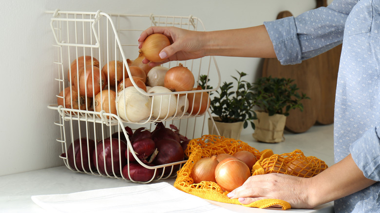 Placing onions in storage bins