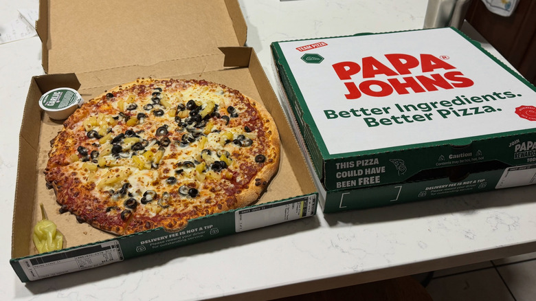 Pizza boxes from Papa John's sit on a kitchen counter.