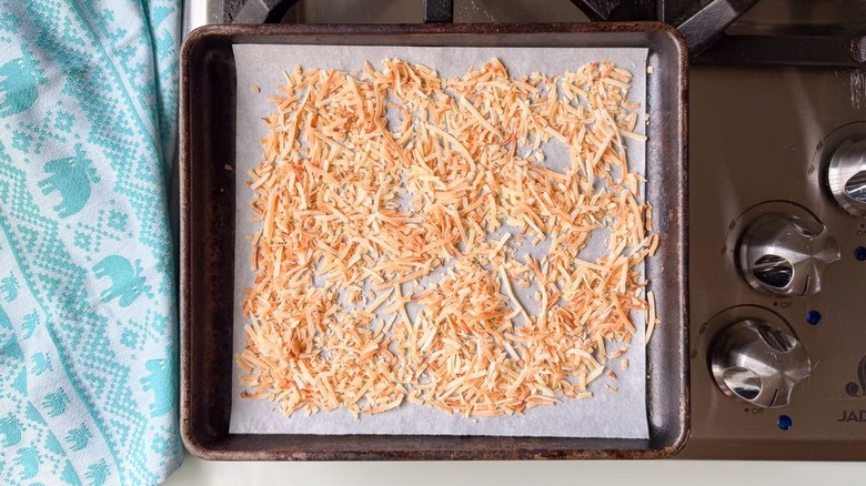 Toasted coconut on small baking sheet