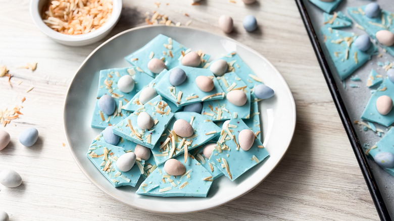 Pastel blue 3-ingredient Easter bark with chocolate eggs and toasted coconut