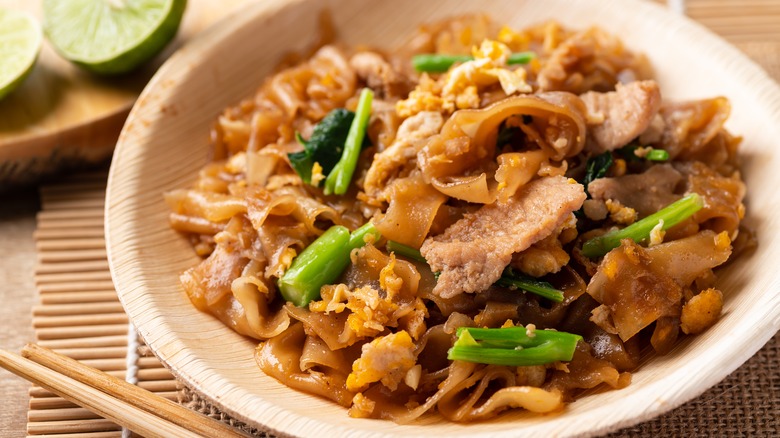 Bowl of pad see ew with rice noodles