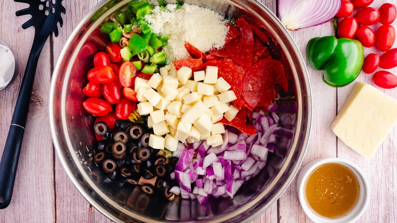 pasta salad ingredients in bowl