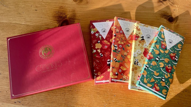 Gift box and all four Panda Express x Compartés Chocolate Bars