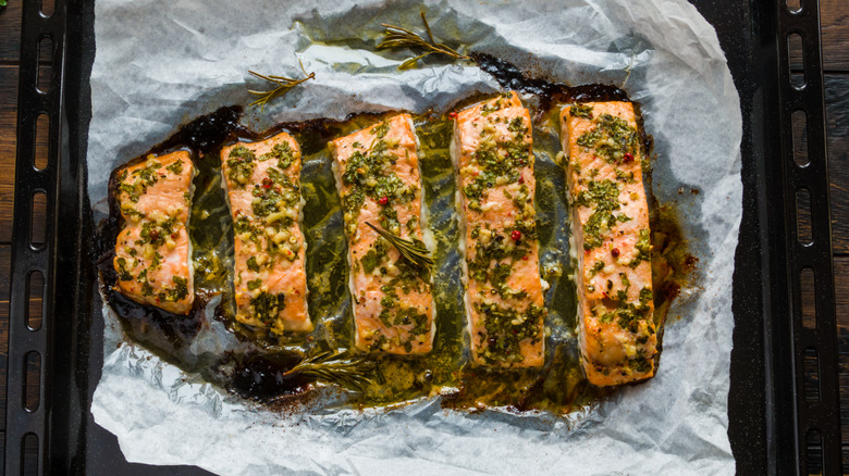 roasted salmon on parchment paper