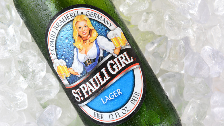 A bottle of St. Pauli Girl on ice.