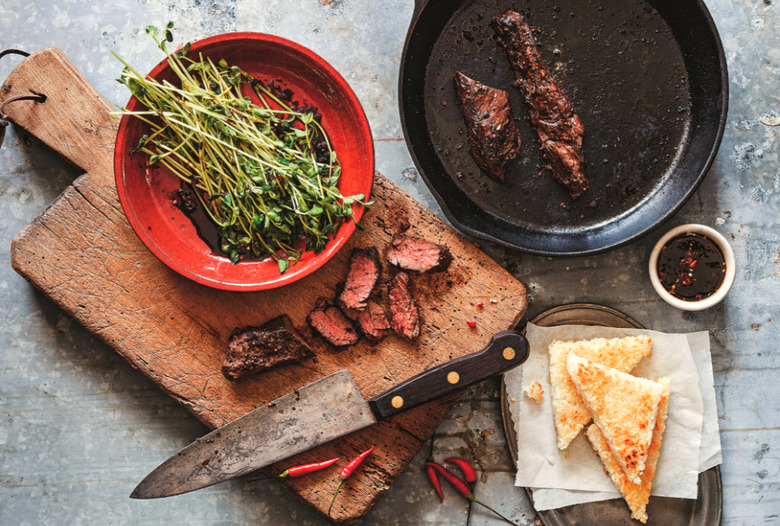 Peppered Hanger Steak With Crispy Rice Cakes Recipe