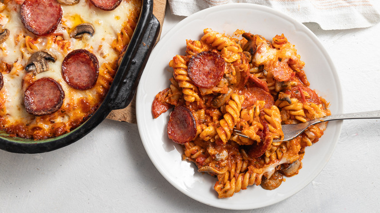 baked pepperoni pasta on plate
