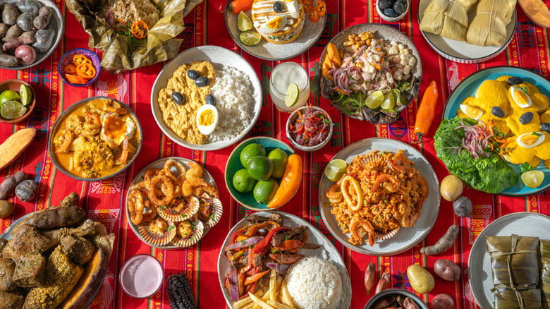 A plate filled with a variety of dishes from different regions of Peru.