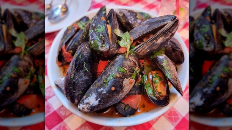 Mussels in a tomato broth in a white bowl on a red and white checkered table cloth