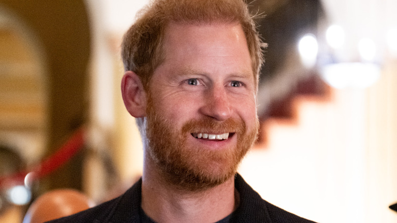 Prince Harry smiles at a crowd at a public event