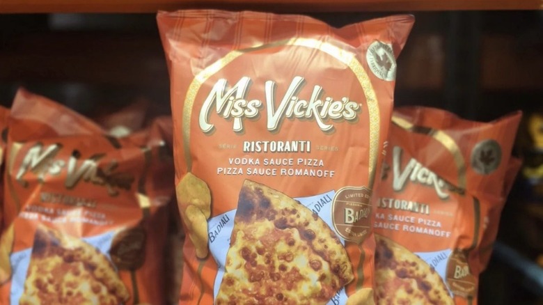 Miss Vickie's Vodka Sauce Pizza chips stocked on a shelf