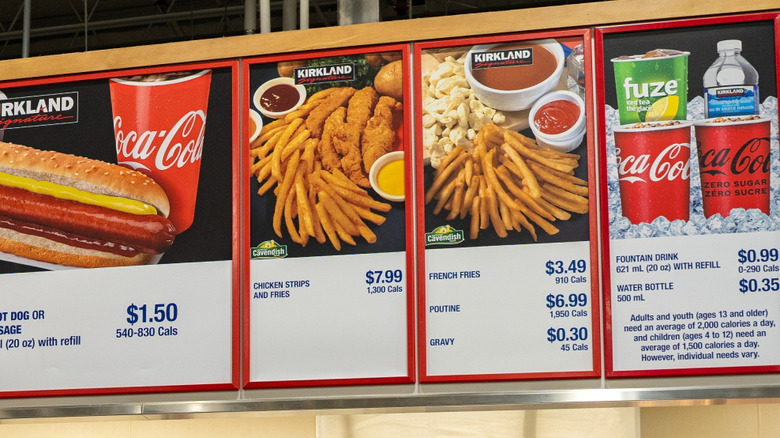 Food court menu at a Costco in Canada featuring chicken strips and fries