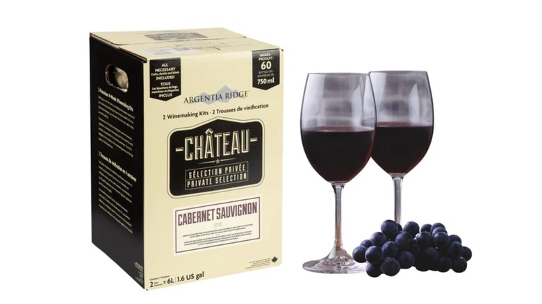 Winemaking kit from Argentia Ridge beside two glasses and grapes