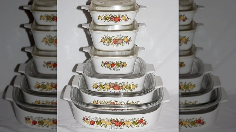 A stacked set of vintage CorningWare, Spice O'Life