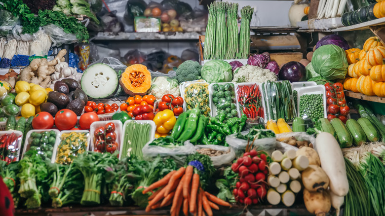 Assorted veggies in produce stand