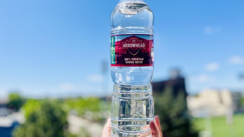 Hand holding bottle of Arrowhead water