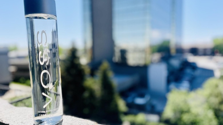 Bottle of Voss water on outdoor ledge