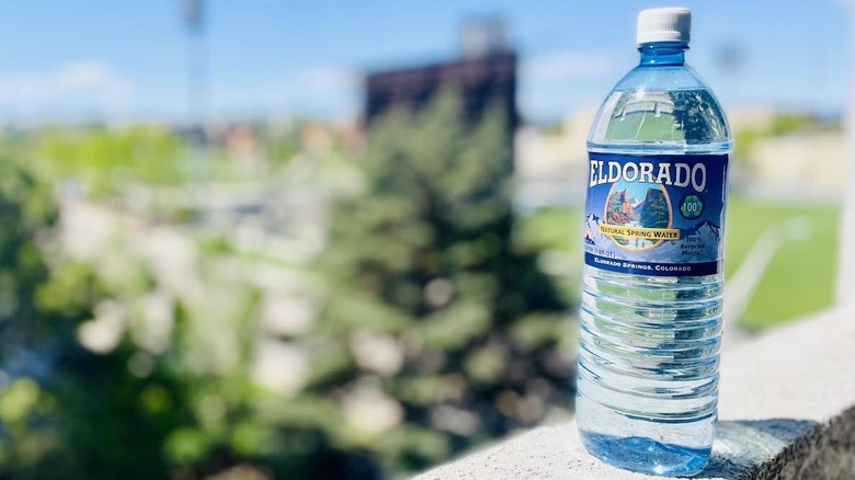 Bottle of El Dorado water on outdoor ledge