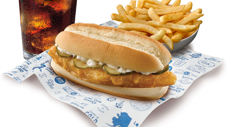 Long John Silver fish sandwich with fries and cola